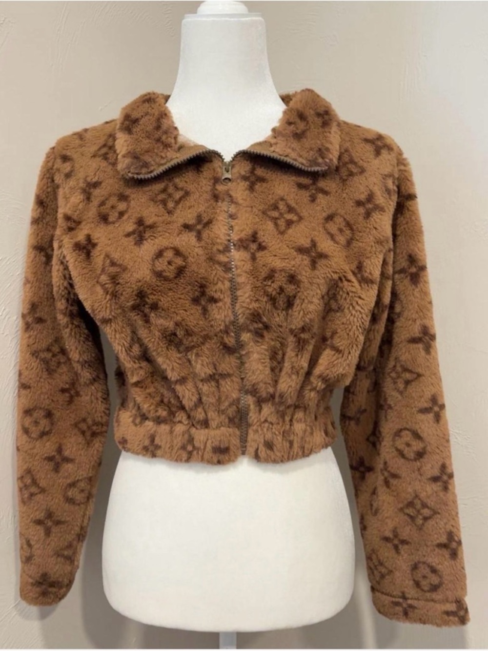 Rainbow Brown Plush Cropped Zip Jacket